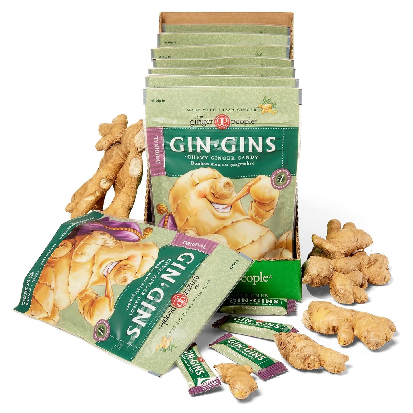 GIN GINS Ginger Chews – Natural Fresh Ginger Candy by The Ginger People – Individually Wrapped Healthy Candy – Original, Apple, Peanut and Turmeric Flavors – Variety Pack – 4 x 3oz bag each flavor (Pack of 4 bags)