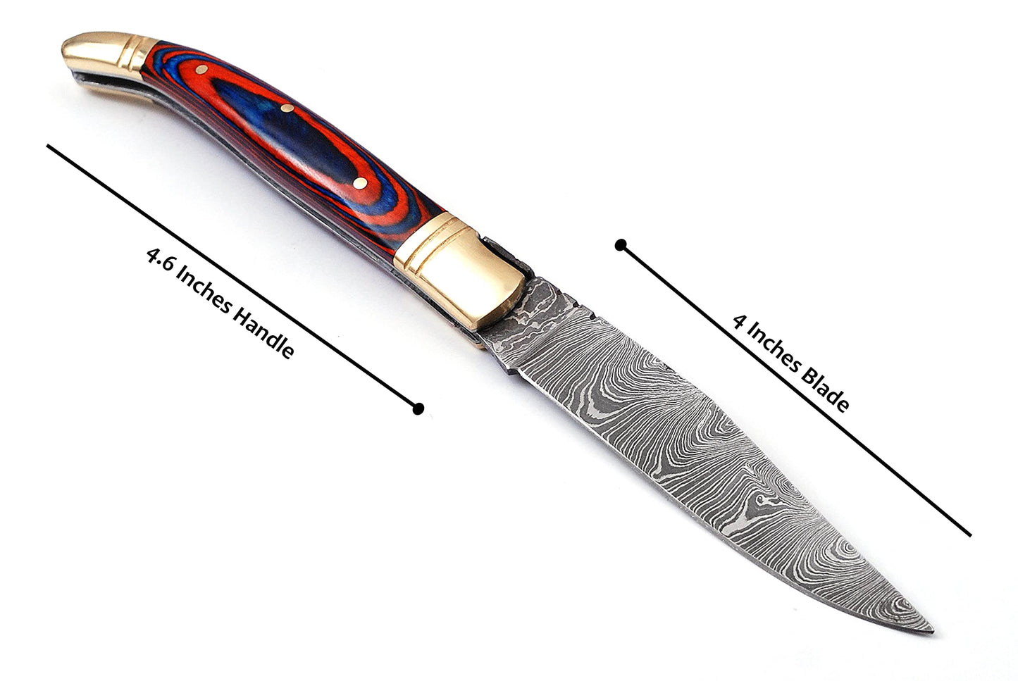 Damascus steel folding knife with leather sheath, 8.5 inches long laguiole pocket knife with 4 inches long Damascus steel Blade, 4.5 inches Blue multi colored wood scale with Brass bolster and pommel,