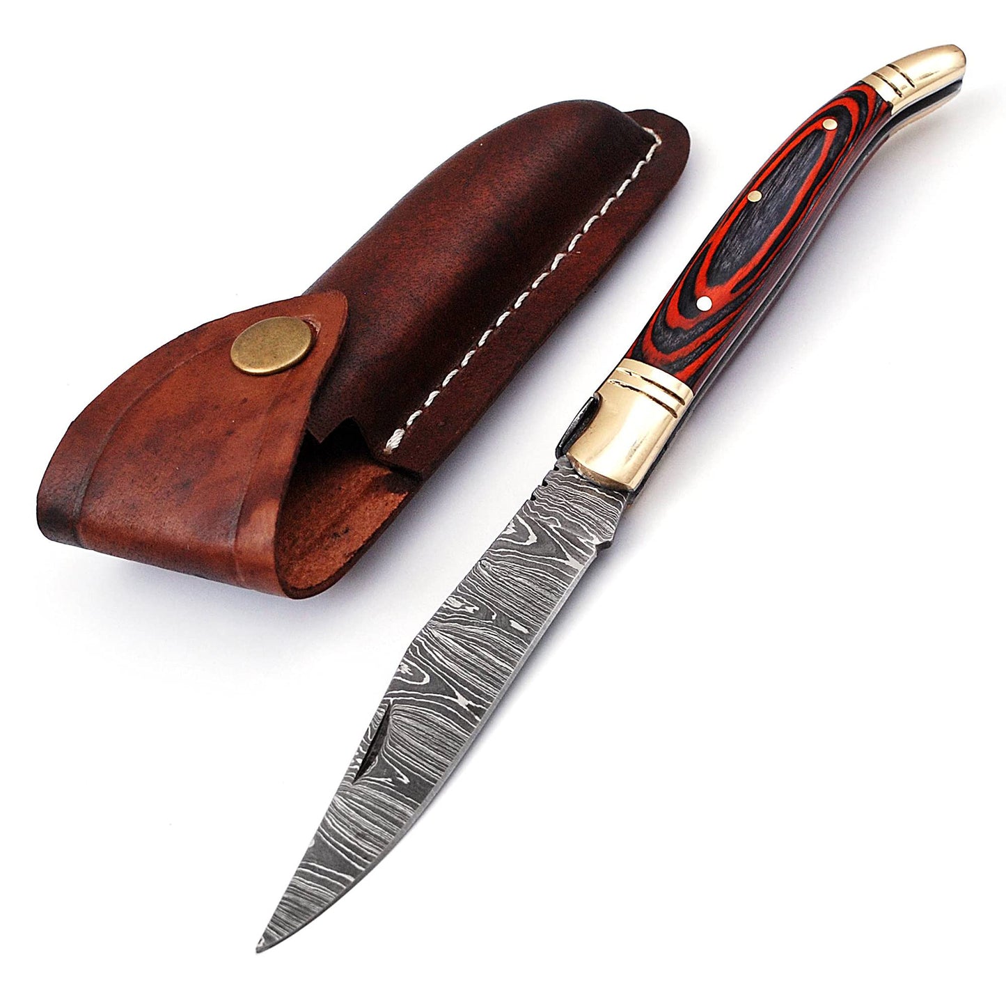 Damascus steel folding knife with leather sheath, 8.5 inches long laguiole pocket knife with 4 inches long Damascus steel Blade, 4.5 inches Blue multi colored wood scale with Brass bolster and pommel,