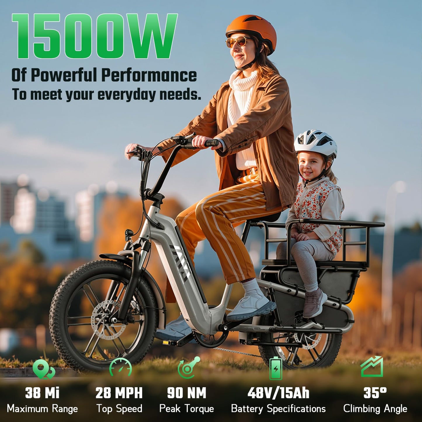 TST Electric Bike for Adults 1500W Peak Motor Cargo EBike 60 Miles 28MPH 20" Fat Tire Ebikes 48V 15Ah Removable Battery Electric Bicycle Rear Rack with Basket,UL 2849 Certification