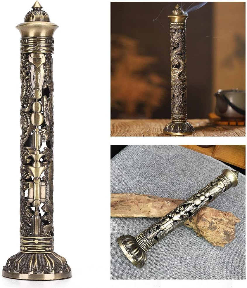 Vertical Incense Burner, Retro Incense Tower Holder Brass Stick Incense Holder Incense Burner with Dragon Phoenix Pattern for Home Office Yoga Meditation, 8.5x7cm/3.3x2.8in
