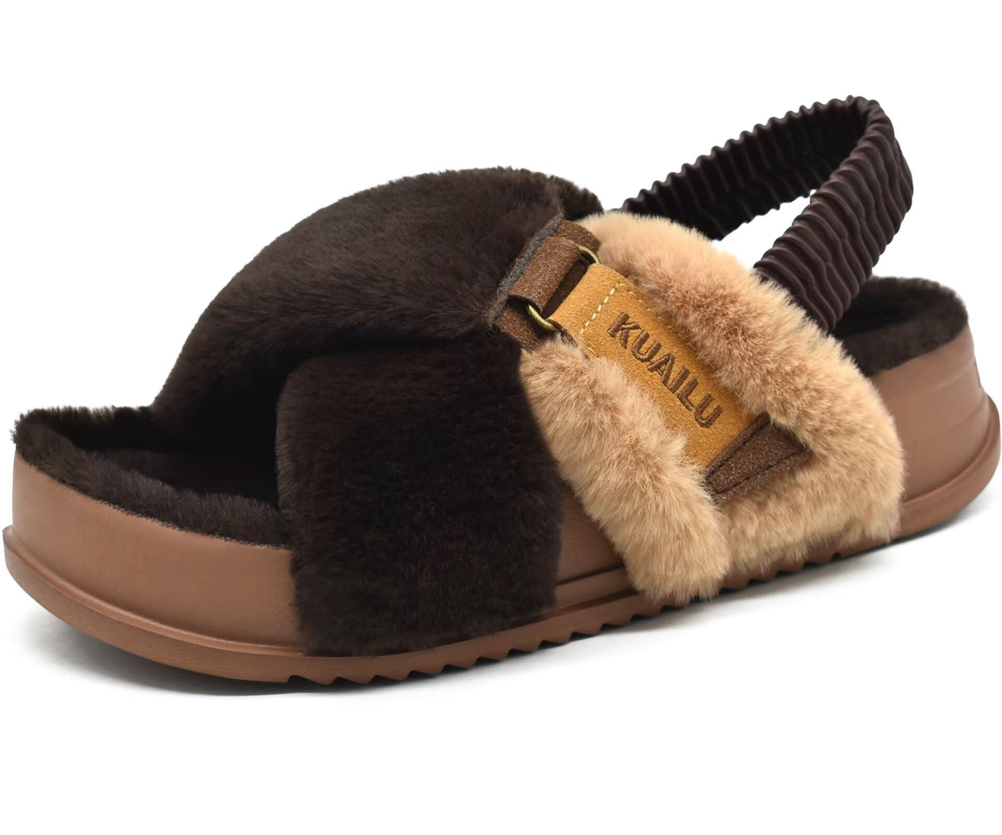 KuaiLu Womens Fuzzy Criss Cross Band Platform Slippers Arch Support Furry Faux Fur Ladies Open Toe Cozy Soft Plush Fleece Comfy House Shoes Sandals