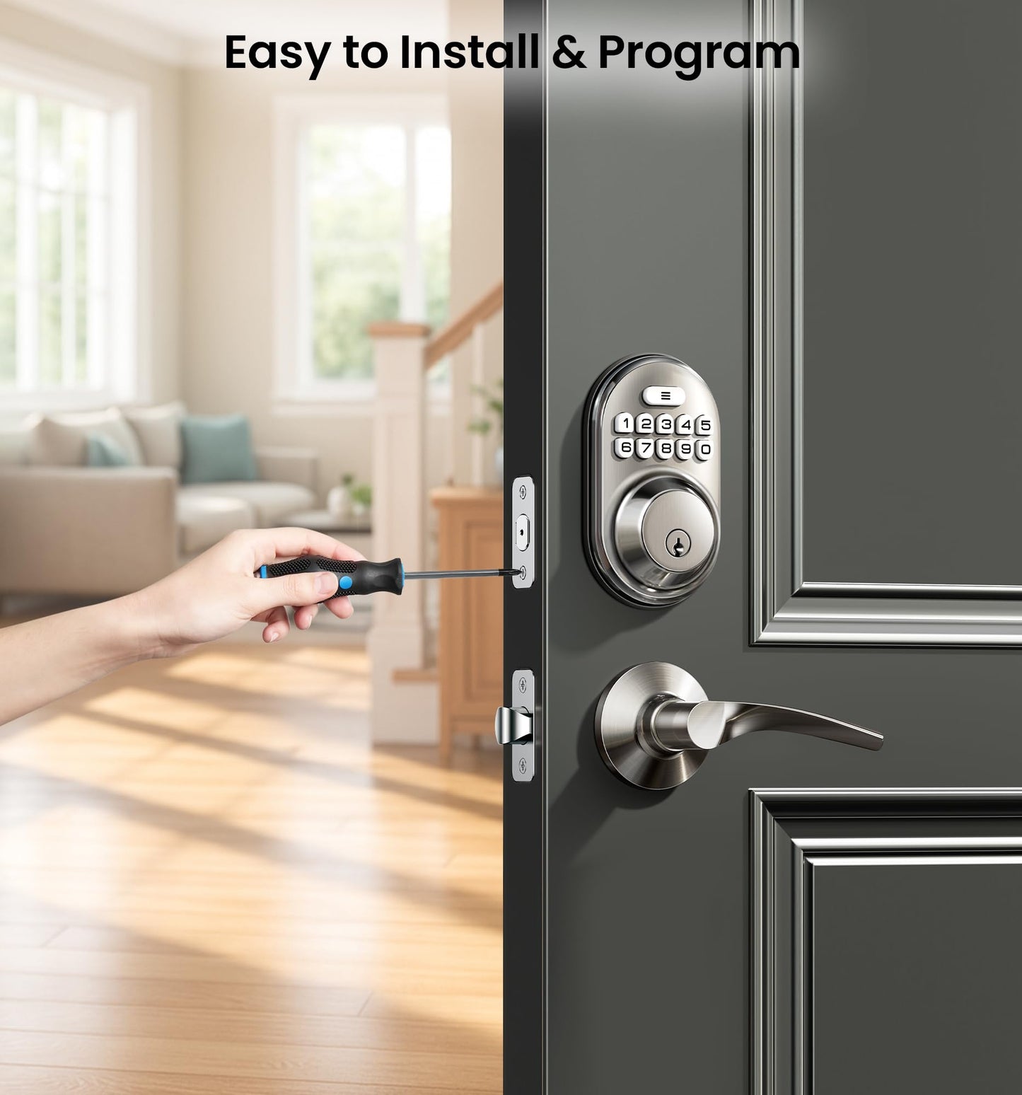 Veise Keyless Entry Door Lock with 2 Lever Handles - Electronic Keypad Deadbolt, Auto Lock, Back Lit & Easy Installation Design, Front Door Handle Sets, Matte Black