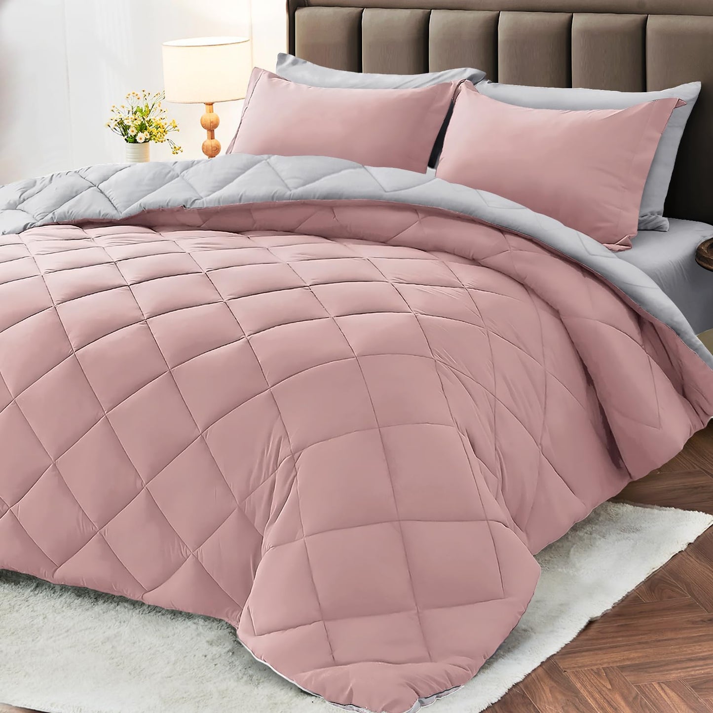 MUXHOMO 7 Pieces Queen Comforter Set, Reversible Bed in a Bag Queen Size, All Season Bedding Set with Comforter, Flat Sheet, Fitted Sheet, Pillowcases & Shams, Red & Black