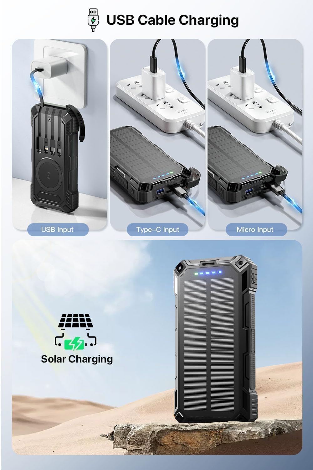 Power Bank 49800mAh Solar Portable Charger Wireless Charging USB-C 15W Fast Charging with 4 Built-in Cables LED Flashlight Battery Pack Compatible with iPhone, iPad, Galaxy, Perfect for Camping