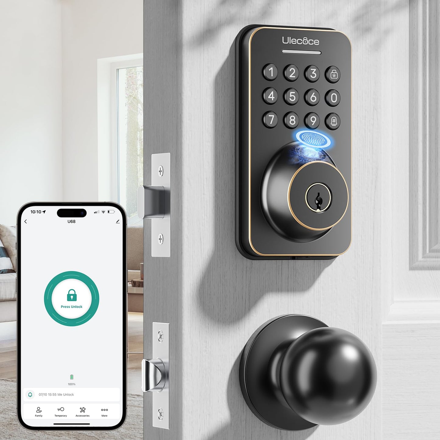 Fingerprint Keypad Deadbolt with Handle Set, Keyless Entry Door Lock, Door Locks for Front Door Lock Set, App Control, Auto Locking, Easy to Install, Matte Black