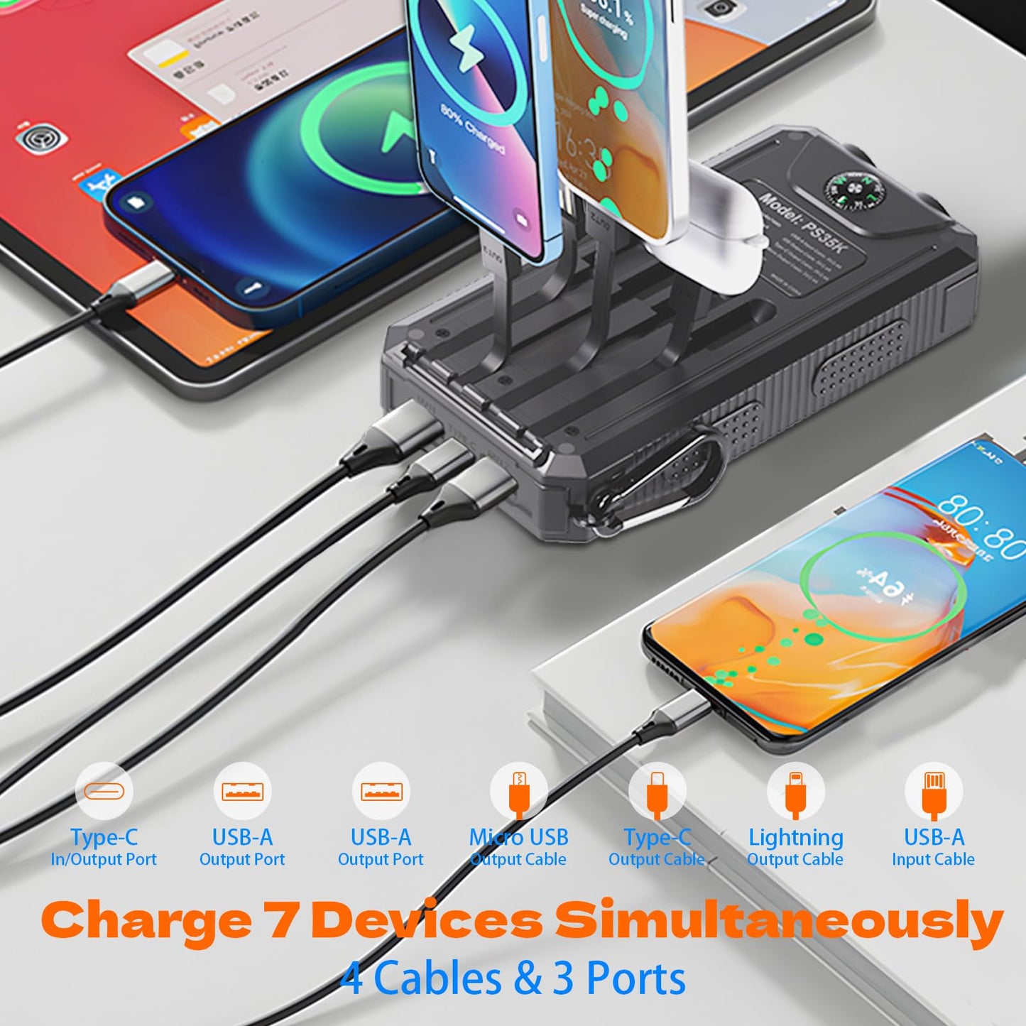 Power Bank Solar Charger 20,000mAh, Portable Phone Charger, 4 Cables Outdoor Waterproof External Backup Power Charger with USB-C for Cell Phones, Solar Battery Pack with Dual Flashlight for Camping