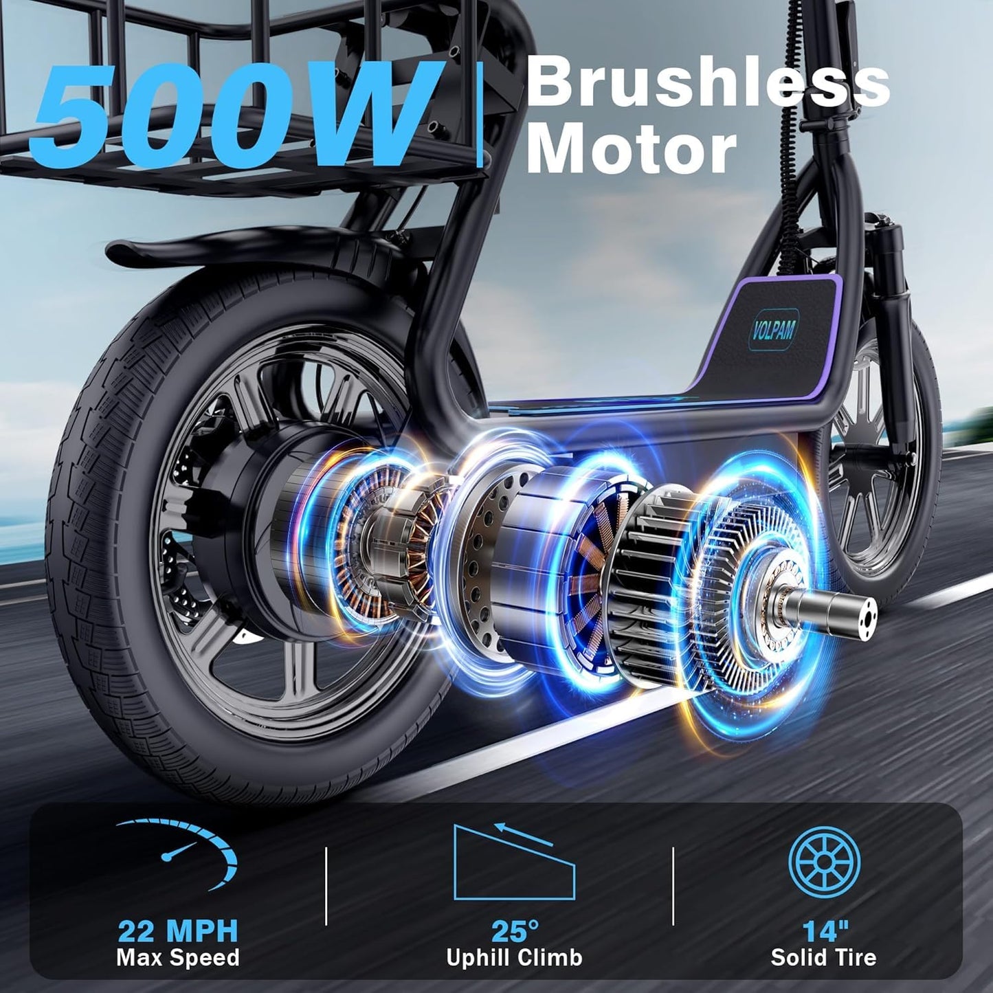 VOLPAM Electric Scooter Adults with Seat & Basket, 500W Powerful Motor, 22 MPH Speed, 27 Mile Range, 14" Tires,Foldable E Scooter with Seat
