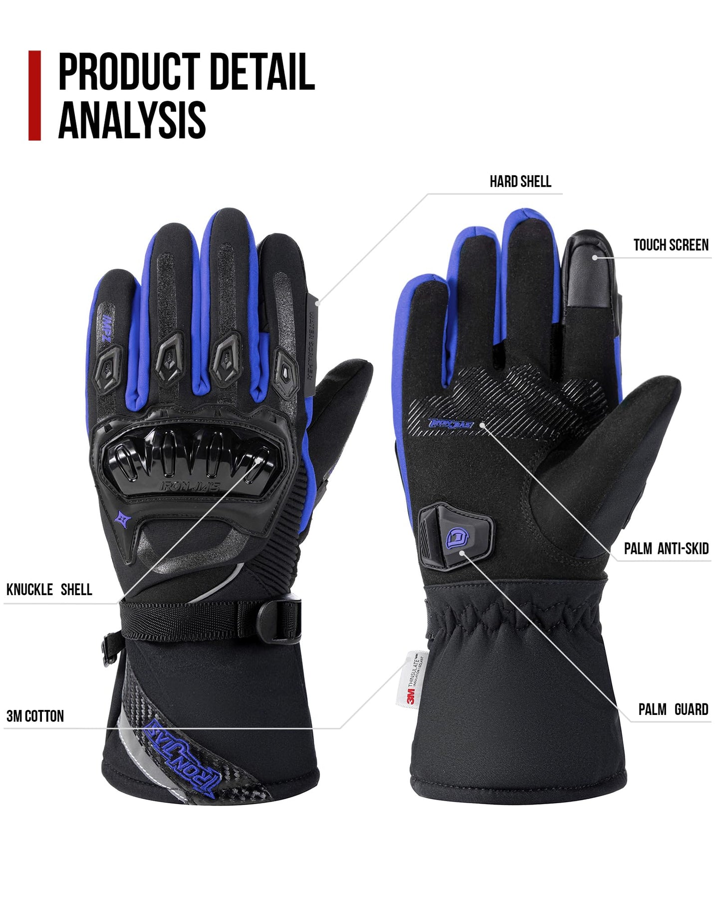 IRON JIA'S Motorcycle Gloves Winter Cold Weather Warm Touchscreen Waterproof Windproof Protective Gear (Black, L)