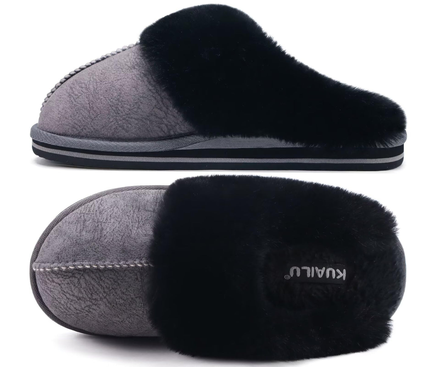 KuaiLu Womens Fluff Dual Memory Foam Slippers Ladies Cozy Arch Support Warm Scuff Slippers Slip on Comfy Winter House Shoes with Non-Slip Indoor Outdoor Hard Sole