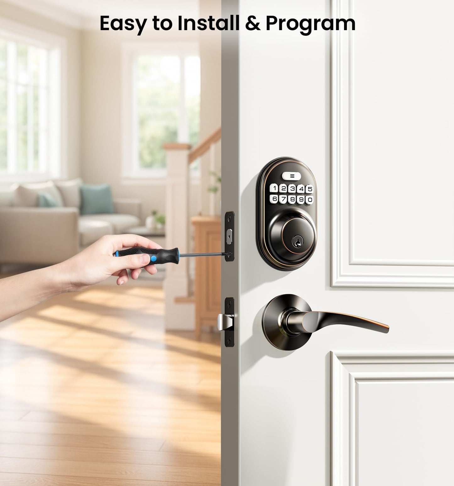 Veise Keyless Entry Door Lock with 2 Lever Handles - Electronic Keypad Deadbolt, Auto Lock, Back Lit & Easy Installation Design, Front Door Handle Sets, Matte Black