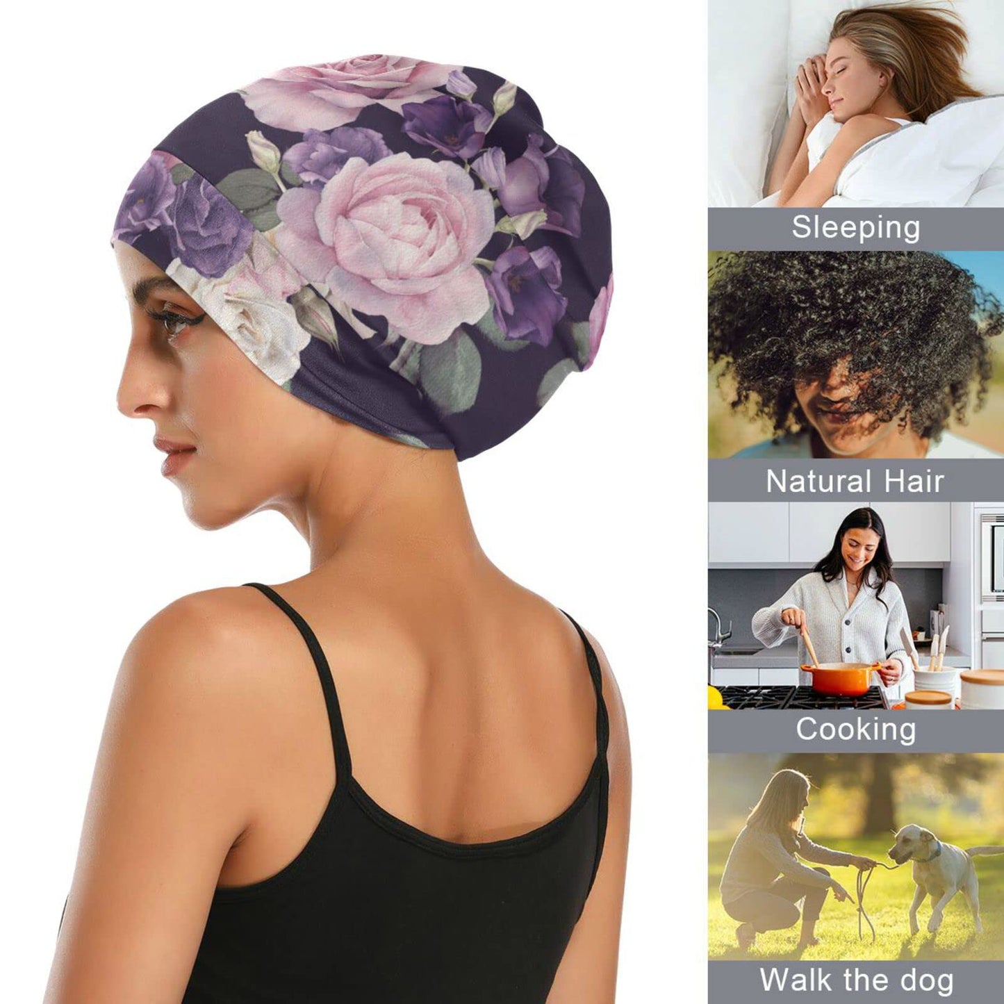 Satin Bonnet Lined Sleep Cap Hair Wrap Cover Slouchy Beanie for Curly Hair Protection for Gifts for Men Women Dark Blue Stars
