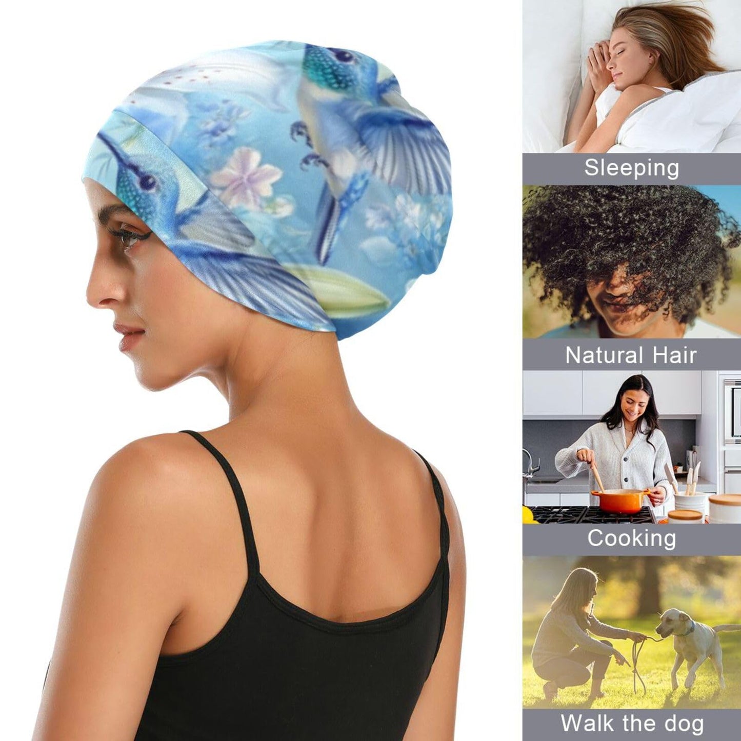 Satin Bonnet Lined Sleep Cap Hair Wrap Cover Slouchy Beanie for Curly Hair Protection for Gifts for Men Women Dark Blue Stars