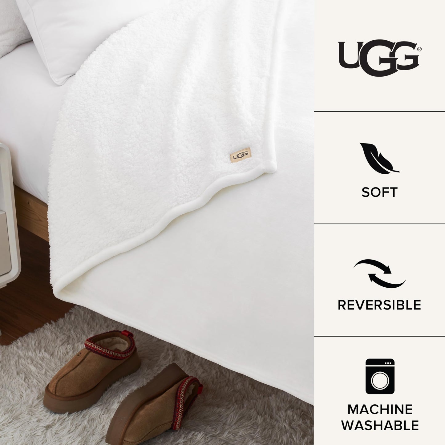 UGG Nita King/California King Blanket Fleece Fluffy Reversible Soft Fuzzy Bedding Cozy Plush Warm Oversized Blanket Machine Washable Bedroom Decor for Big Couch Bed, 110-inch x 90-inch, White Snow