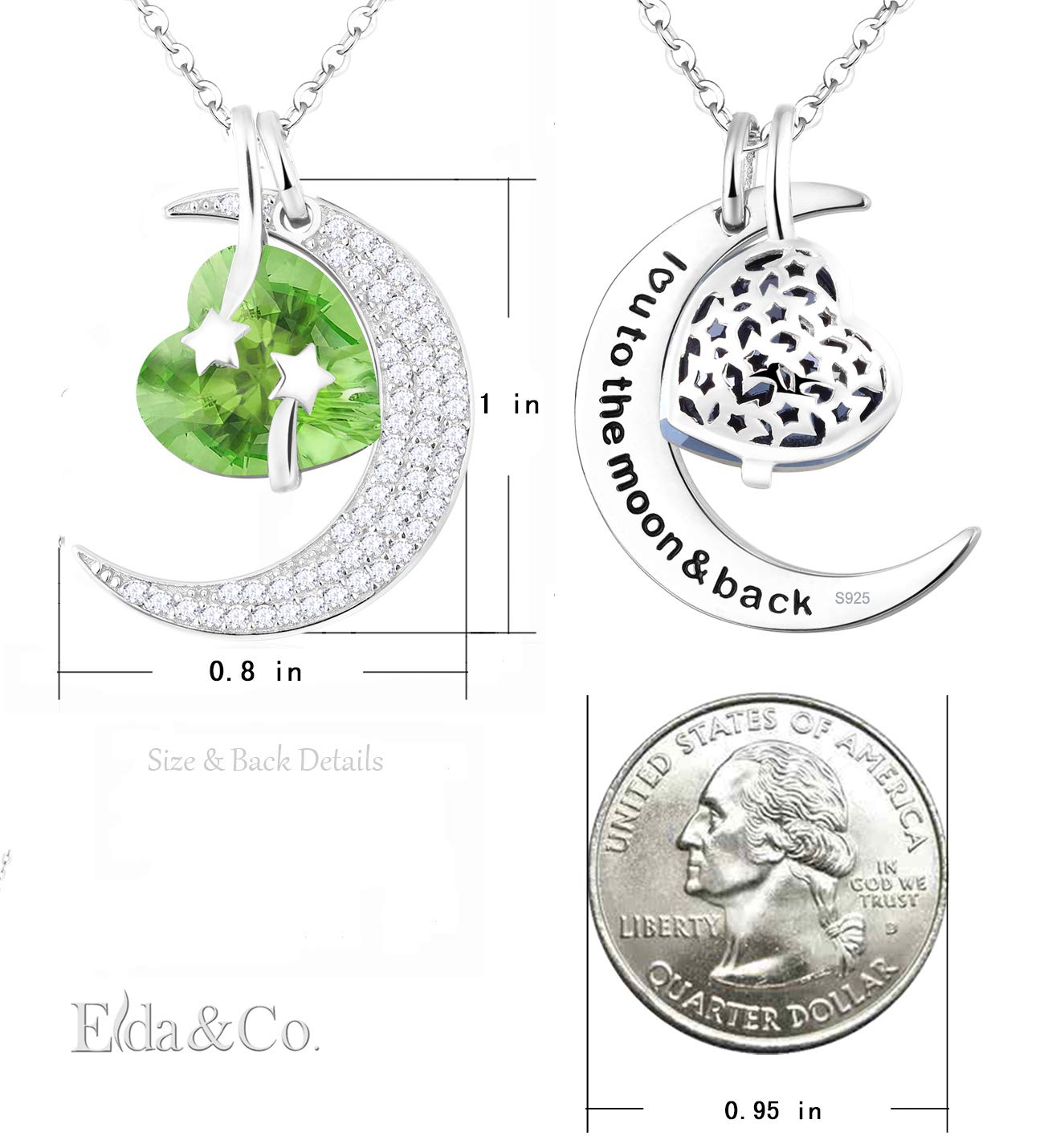 I Love You to the Moon and Back Half Moon Necklace Jewelry Birthday Gifts Mom Wife January February Birthstones Garnet Amethyst and More Stones 925 Sterling Silver
