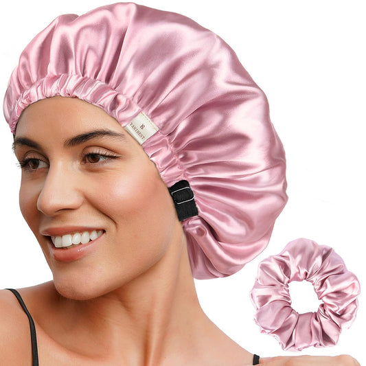 YANIBEST Adjustable Satin Bonnet Double Layer Hair Bonnet for Sleeping Bonnets for Women Hats Curly Natural Hair, Blush Pink