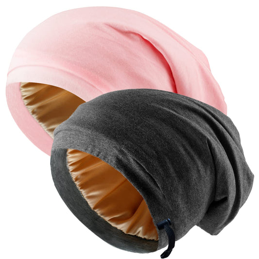 2 Pcs Adjustable Silk Satin Night Cap, Women's Men's Sleep Cap, Silk Lined Slouchy with Adjustable Strap, Curly Hair Head Scarf, Night Caps, Black+blue2