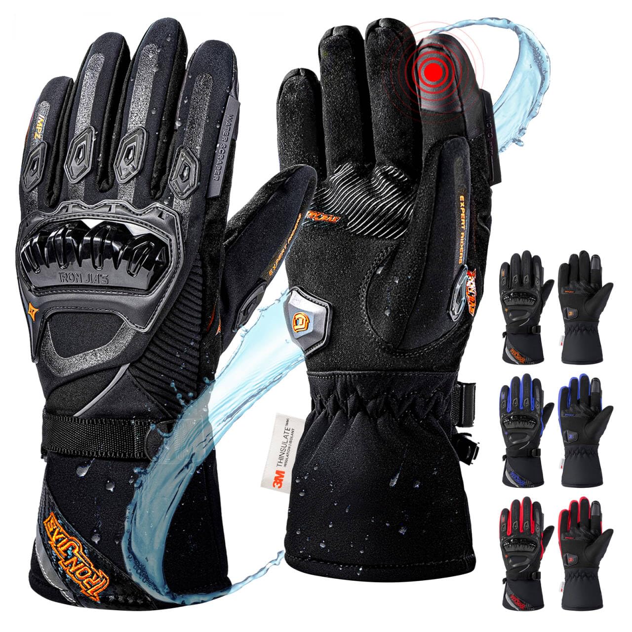IRON JIA'S Motorcycle Gloves Winter Cold Weather Warm Touchscreen Waterproof Windproof Protective Gear (Black, L)