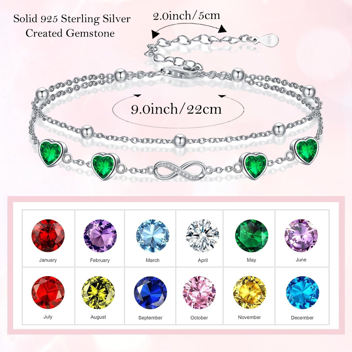 DAMOOR 925 Sterling Silver Infinity Heart Birthstone Anklet Bracelets for Women Layered Anklets Bracelets Birthday Jewelry for Her