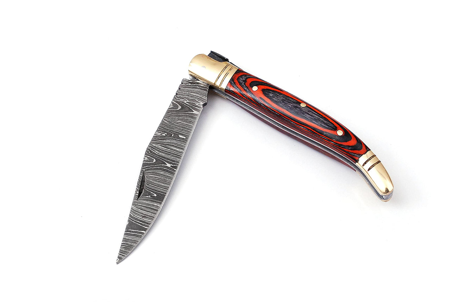 Damascus steel folding knife with leather sheath, 8.5 inches long laguiole pocket knife with 4 inches long Damascus steel Blade, 4.5 inches Blue multi colored wood scale with Brass bolster and pommel,