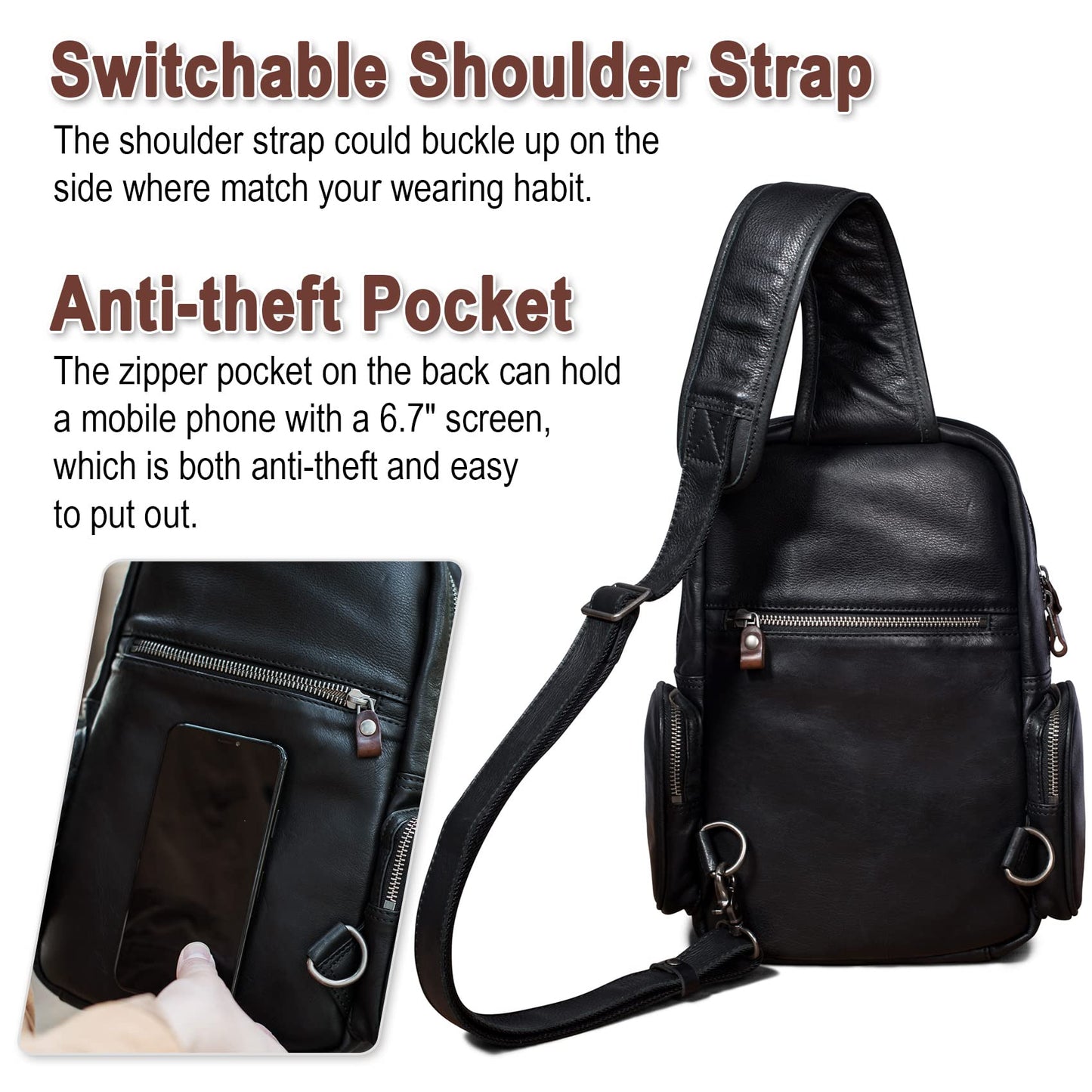 Genuine Leather Sling Bag for Men Large Crossbody Shoulder Bag Casual Sling Backpack Anti-Theft Travel Chest Purse