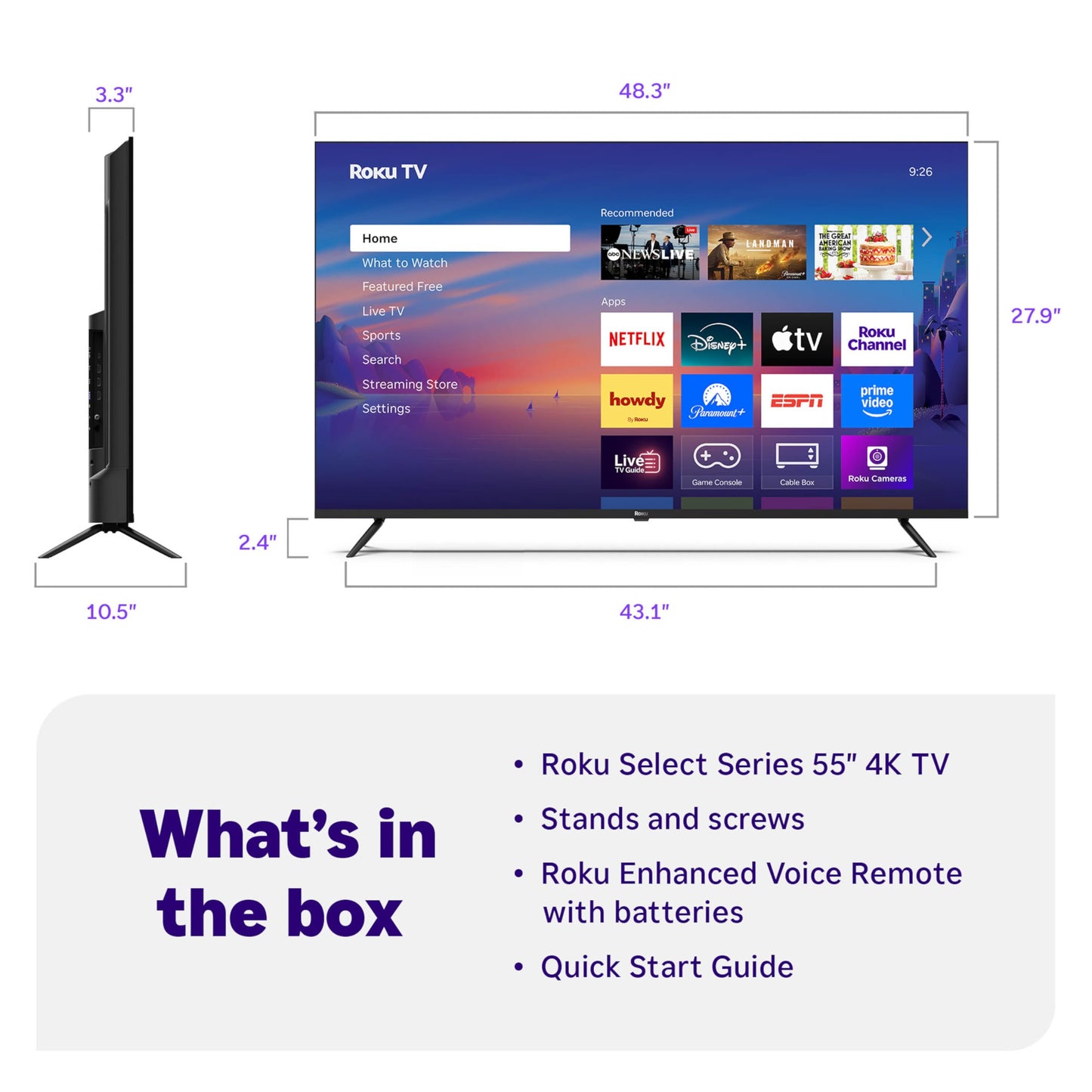 Roku Smart TV – 43-Inch Select Series, 4K HDR TV – RokuTV with Enhanced Voice Remote – Flat Screen LED Television with Wi-Fi for Streaming Live Local News, Sports, Family Entertainment