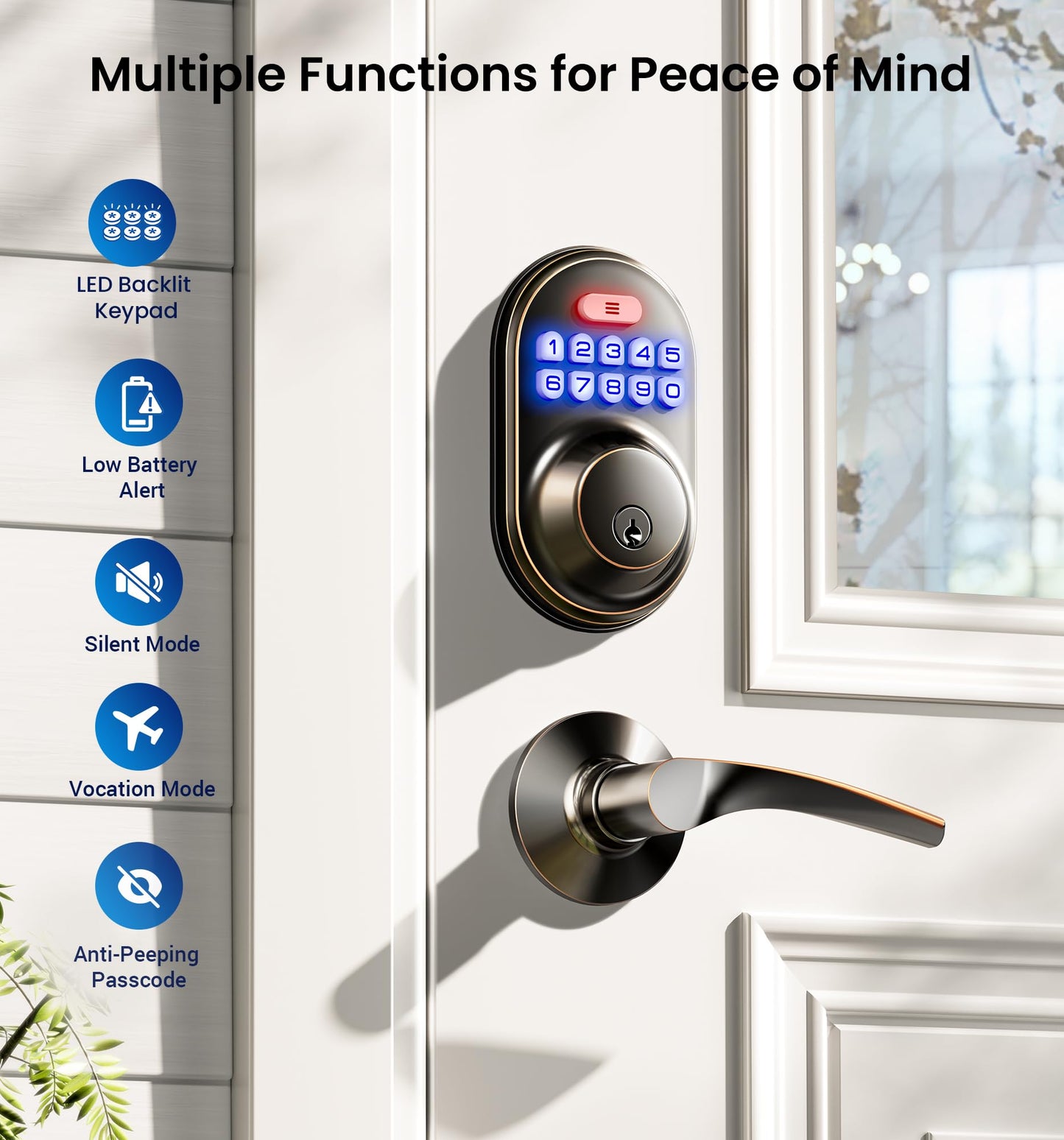 Veise Keyless Entry Door Lock with 2 Lever Handles - Electronic Keypad Deadbolt, Auto Lock, Back Lit & Easy Installation Design, Front Door Handle Sets, Matte Black