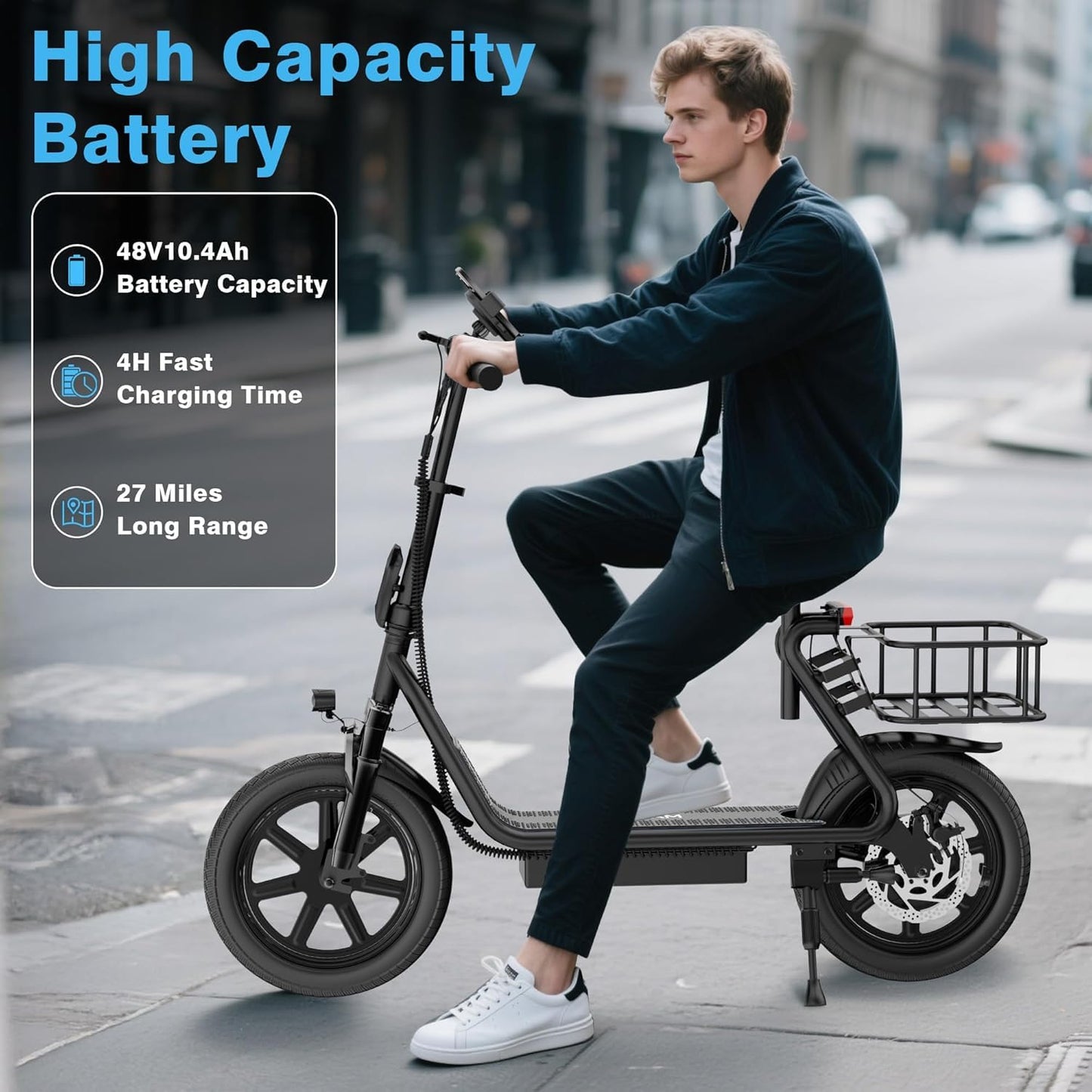 VOLPAM Electric Scooter Adults with Seat & Basket, 500W Powerful Motor, 22 MPH Speed, 27 Mile Range, 14" Tires,Foldable E Scooter with Seat