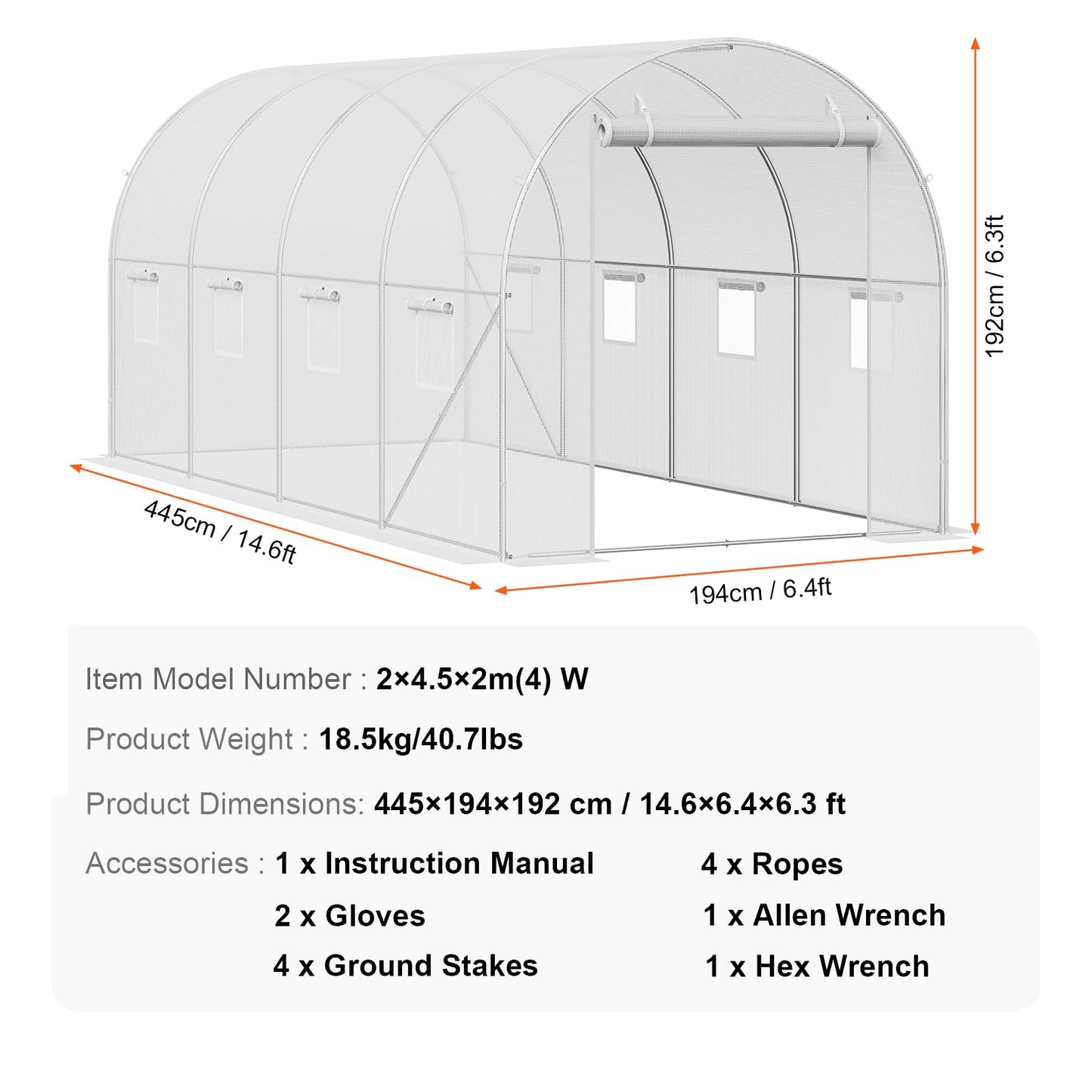 VEVOR Walk-in Tunnel Greenhouse, 9.6x6.4x6.2 ft Hoop House Greenhouse Tunnel, Plant Hot House with Galvanized Steel Frame, White PE Cover, Roll-up Zipper Door and 6 Windows for Outdoor