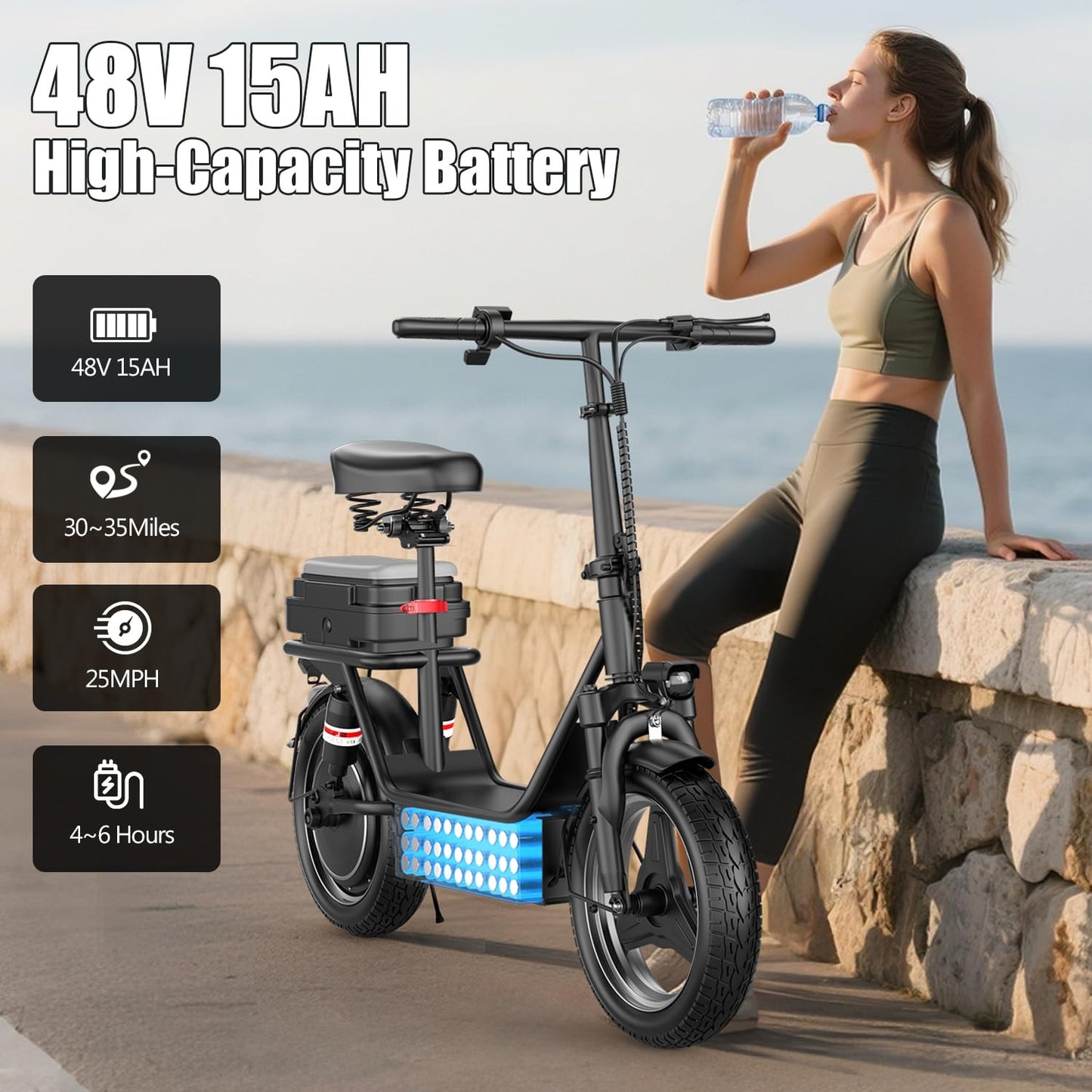 Electric Scooter for Adults, 1000W Peak Motor, Up to 25 MPH 30 Miles, Electric Scooter with Seat, Multiple Suspension, Bright Lights, Provides Comfortable and Safe Ride, 14" E Scooter for Commuting