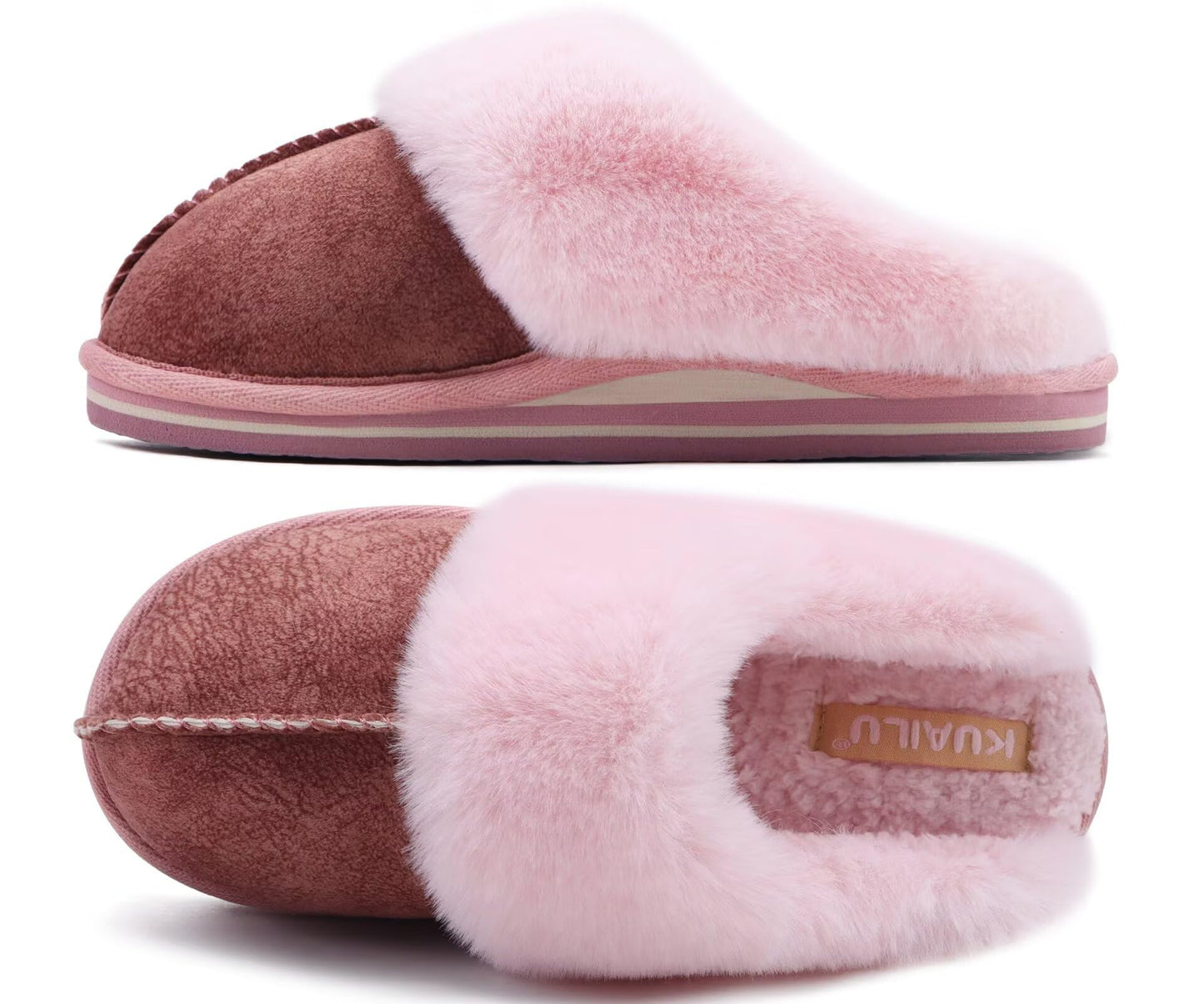 KuaiLu Womens Fluff Dual Memory Foam Slippers Ladies Cozy Arch Support Warm Scuff Slippers Slip on Comfy Winter House Shoes with Non-Slip Indoor Outdoor Hard Sole