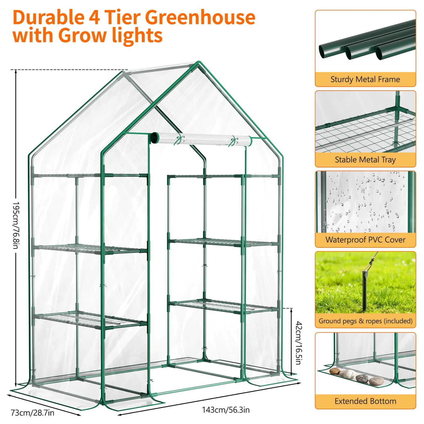 Indoor Greenhouse with Grow Light, 4-Tier Mini Greenhouse 56.3"x28.7"x76.8" Small Greenhouse with Zippered PVC Cover for Seed Starting Trays, Dimmable Plant Light for Indoor Plants with Timer