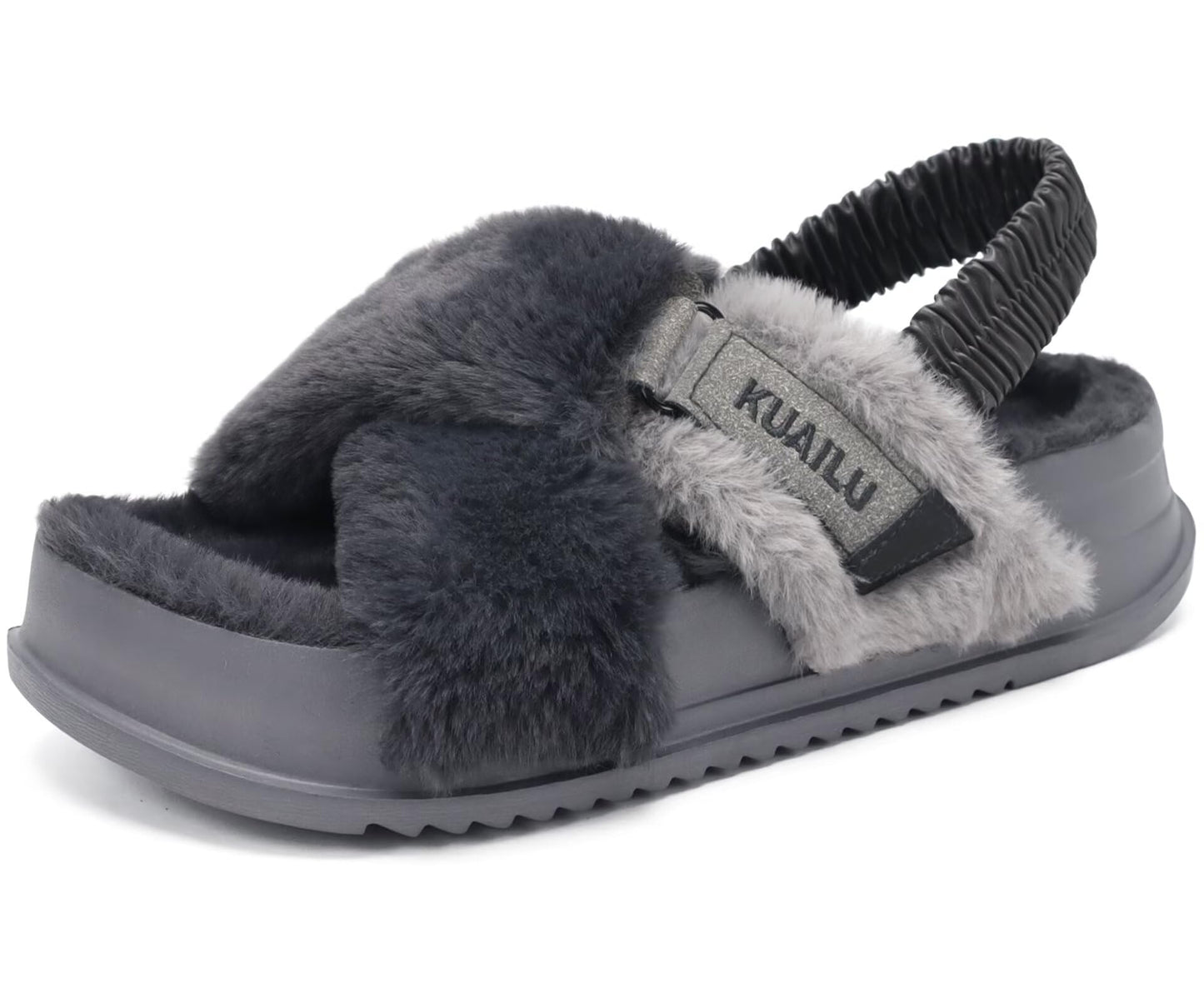KuaiLu Womens Fuzzy Criss Cross Band Platform Slippers Arch Support Furry Faux Fur Ladies Open Toe Cozy Soft Plush Fleece Comfy House Shoes Sandals