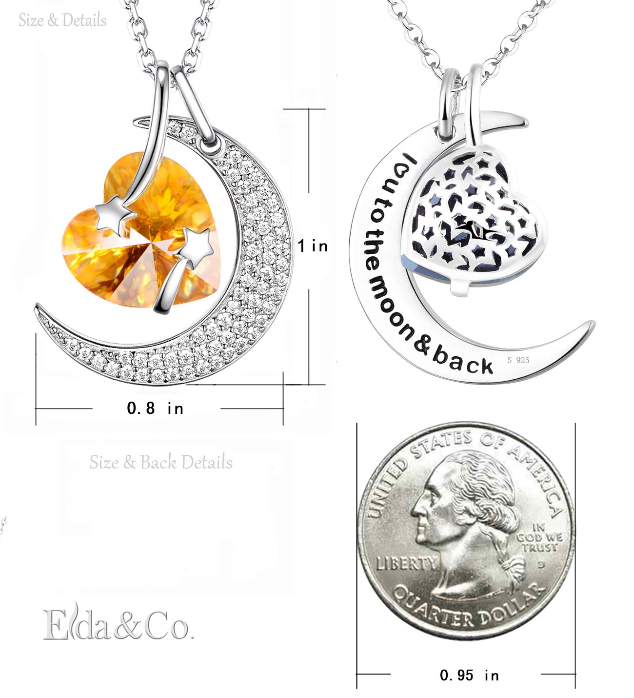 I Love You to the Moon and Back Half Moon Necklace Jewelry Birthday Gifts Mom Wife January February Birthstones Garnet Amethyst and More Stones 925 Sterling Silver
