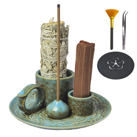4 in 1 Incense Burner Holder for Sticks, Palo Santo Sticks Holder, Candle and Sage Holder for Burning Ceramic Ash Catcher Tray for Meditation Yoga Room Home Decor (Gray)