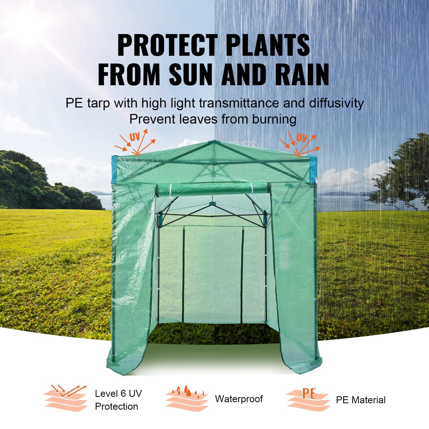 VEVOR Walk-in Tunnel Greenhouse, 9.6x6.4x6.2 ft Hoop House Greenhouse Tunnel, Plant Hot House with Galvanized Steel Frame, White PE Cover, Roll-up Zipper Door and 6 Windows for Outdoor