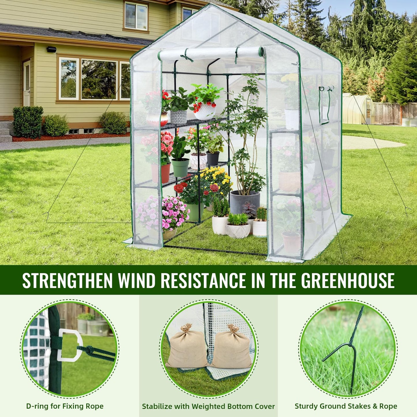 Greengro Greenhouse, 57 x 57 x 76'' Greenhouses for Outdoors, Durable Green House Kit with Window, Thicken PE Cover, 3 Tiers 8 Shelves, Heavy Duty Walk in Green Houses for Indoor Backyard Outside