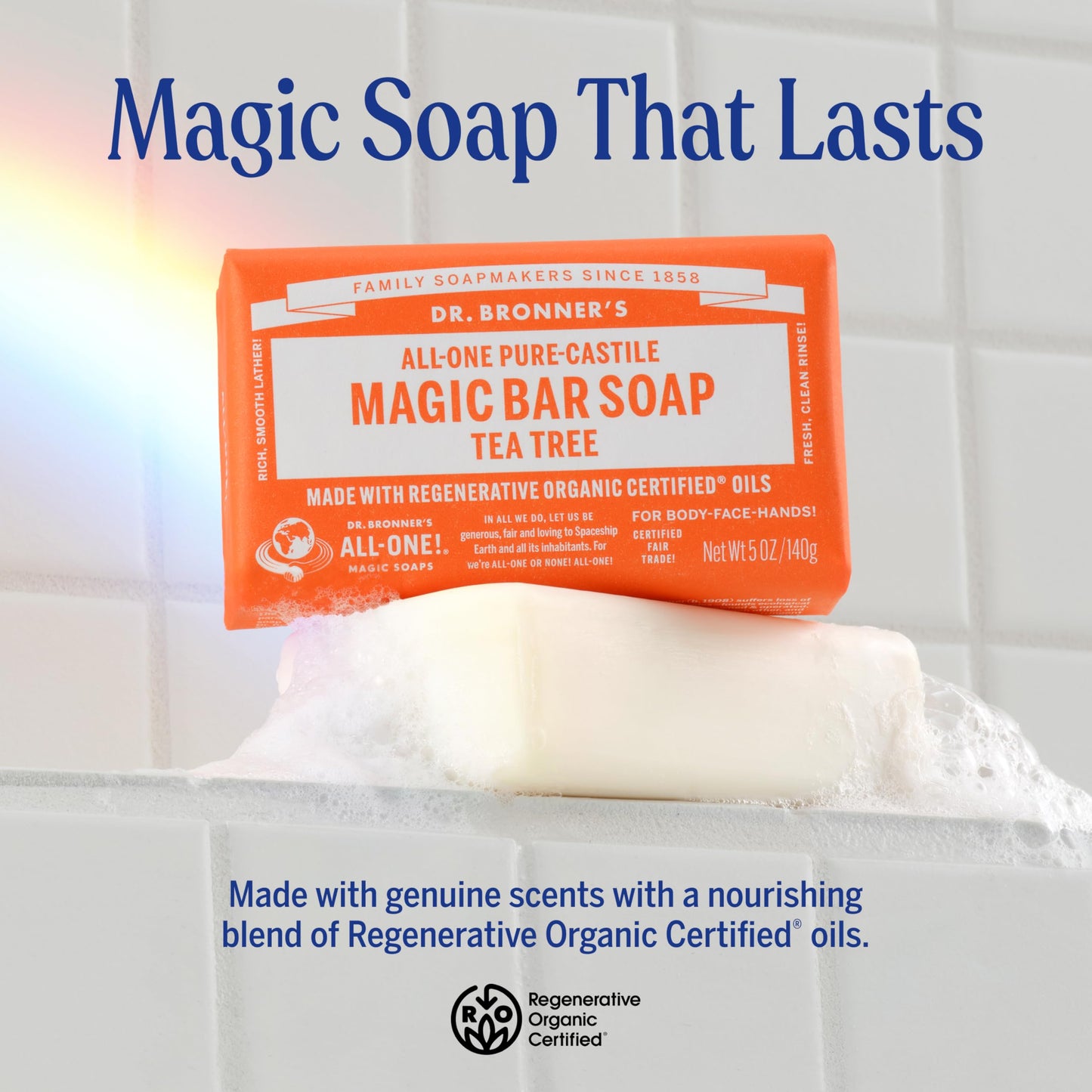 Dr. Bronner's Pure-Castile Magic Bar Soaps - Made with Regenerative Organic Certified Oils - For Face, Body, Hair- Vegan Soap Bars for Men & Women - Tea Tree, 2 pack, 5 oz
