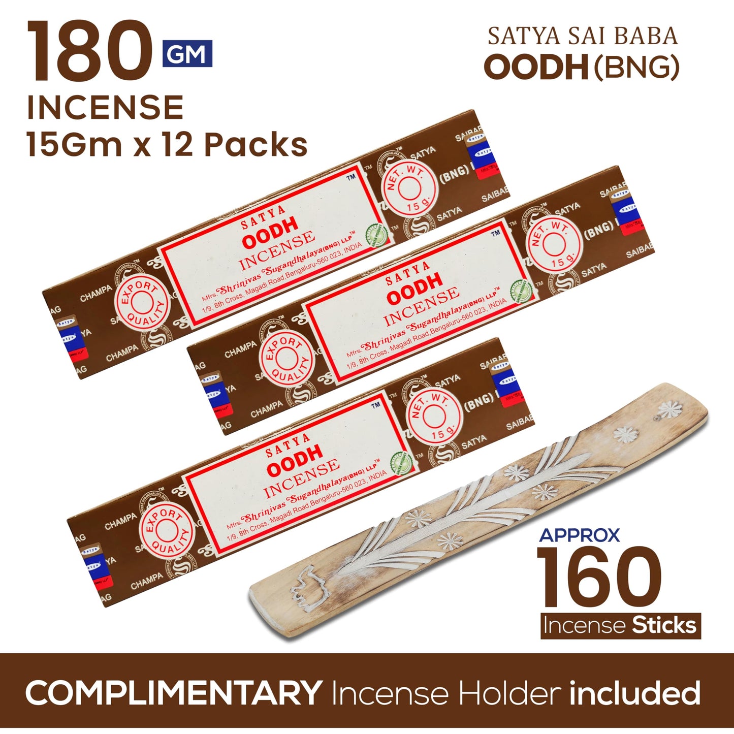 Satya Divine Blessings Incense Sticks, Satya Bng (Bangalore) Insenses 15gmx12 Pack with Raajsee Incense Holder Bundle, Satya Nagchampa Natural Incense