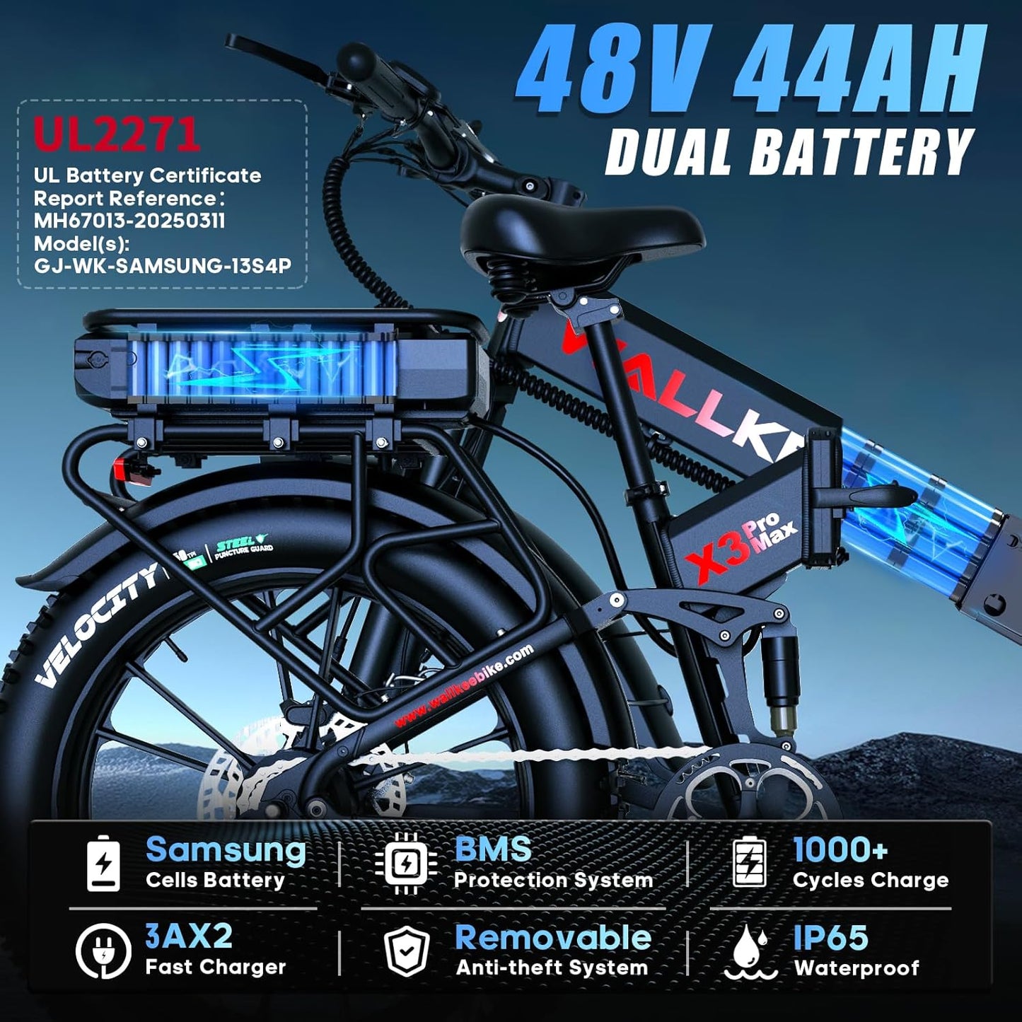 Wallke X3 Pro Max 2800W Dual Motor Electric Bike for Adults, 48V 44Ah Long Range 170 Miles Foldable 26x4 Fat Tire eBike, 35MPH All-Terrain Mountain Bicycle, UL2849 Certified, Full Suspension E Bike