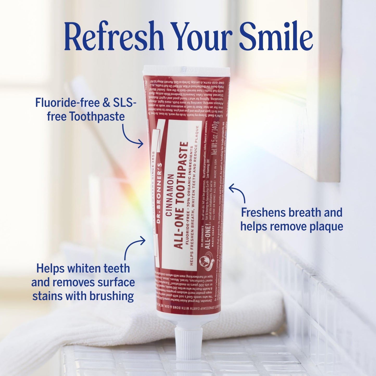 Dr. Bronner’s All-One Toothpaste Pack of 3– Peppermint, 5 oz– Fluoride-Free Toothpaste for Adults, SLS-Free, 70% Organic & Natural Ingredients, Vegan, Helps Freshen Breath & Reduce Plaque