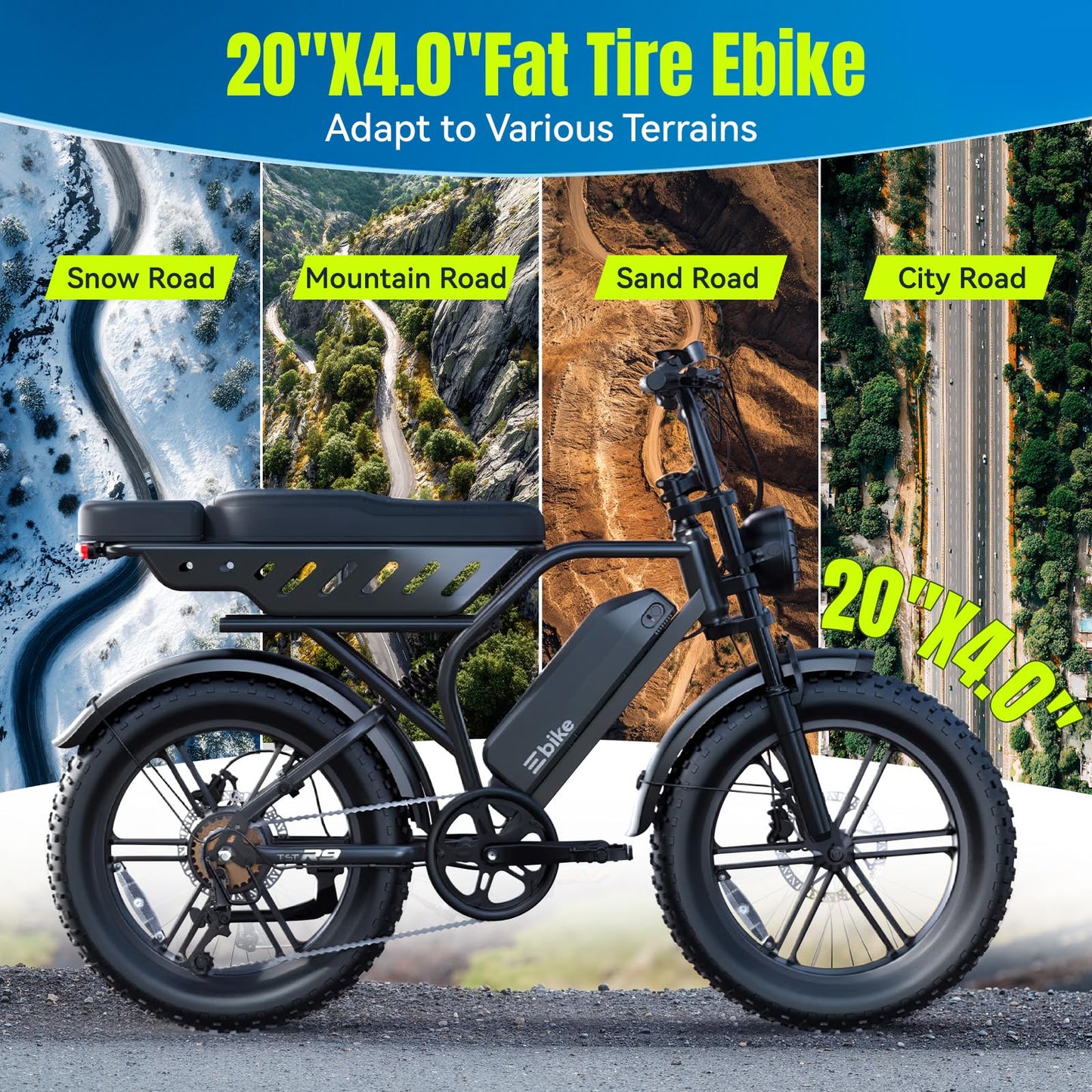 TST Electric Bike for Adults, 1500W Peak Motor Ebike with 48V 15Ah Built-in Battery, 60 Miles Range 28 MPH Electric Bike, 20" Fat Tire E Bike with Rear Seat, Footrest
