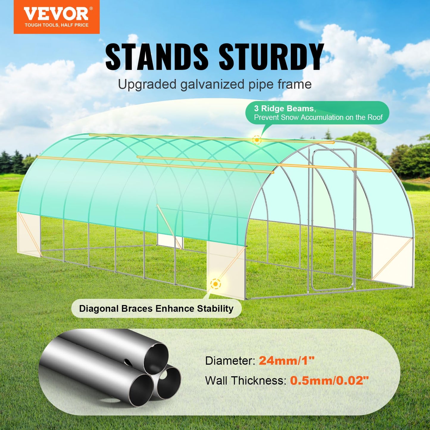 VEVOR Walk-in Tunnel Greenhouse, 9.6x6.4x6.2 ft Hoop House Greenhouse Tunnel, Plant Hot House with Galvanized Steel Frame, White PE Cover, Roll-up Zipper Door and 6 Windows for Outdoor