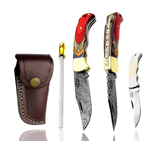 Best.Buy.Damascus1 Damascus Pocket Knife Set, 6.5" Folding Hunting Knife with 3" Real Damascus Blade & Olive Wood Handle, EDC Camping Knife for Men with Leather Sheath, 5.5" Mini Knife, Sharpener & Gift Box