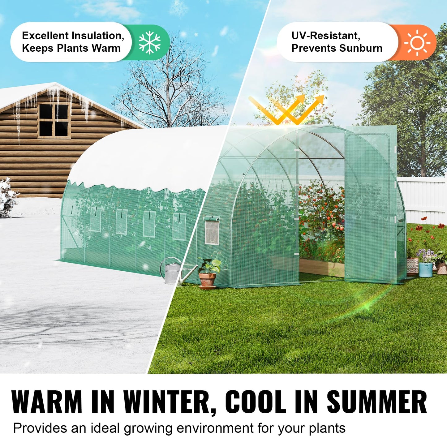 VEVOR Walk-in Tunnel Greenhouse, 9.6x6.4x6.2 ft Hoop House Greenhouse Tunnel, Plant Hot House with Galvanized Steel Frame, White PE Cover, Roll-up Zipper Door and 6 Windows for Outdoor