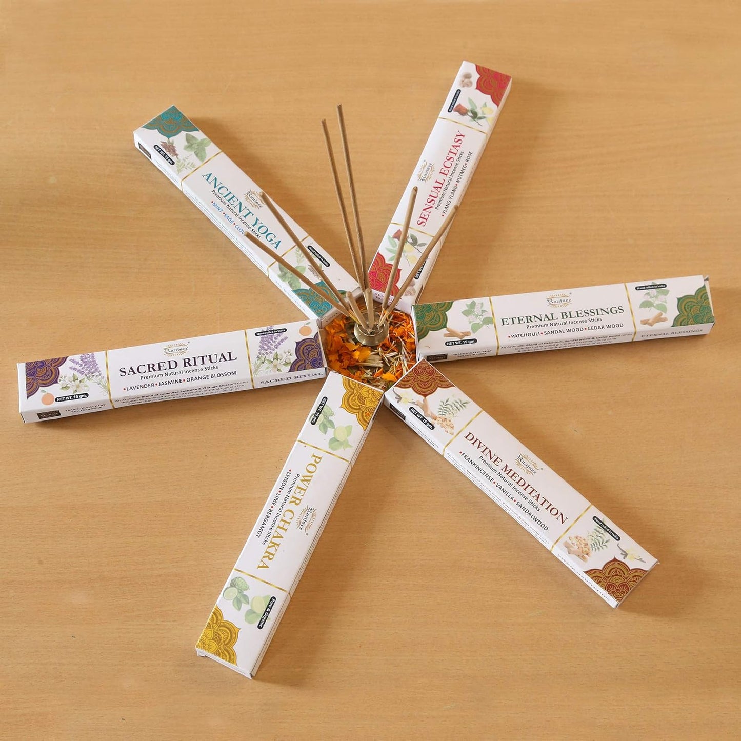 Raajsee Natural Incense Sticks,6 Pack Mixed Scents Gift Pack 15 gm Each (90 gm Total), Insense Sticks Variety Pack, 100% Organic Non Toxic Natural - Hand Rolled Free from Chemicals