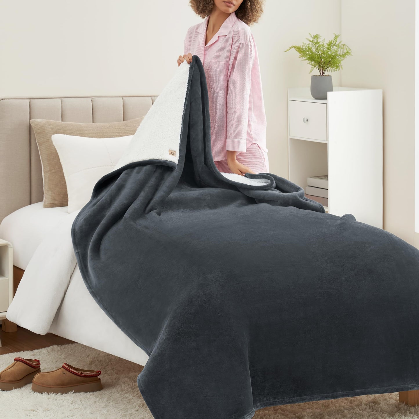 UGG Nita King/California King Blanket Fleece Fluffy Reversible Soft Fuzzy Bedding Cozy Plush Warm Oversized Blanket Machine Washable Bedroom Decor for Big Couch Bed, 110-inch x 90-inch, White Snow
