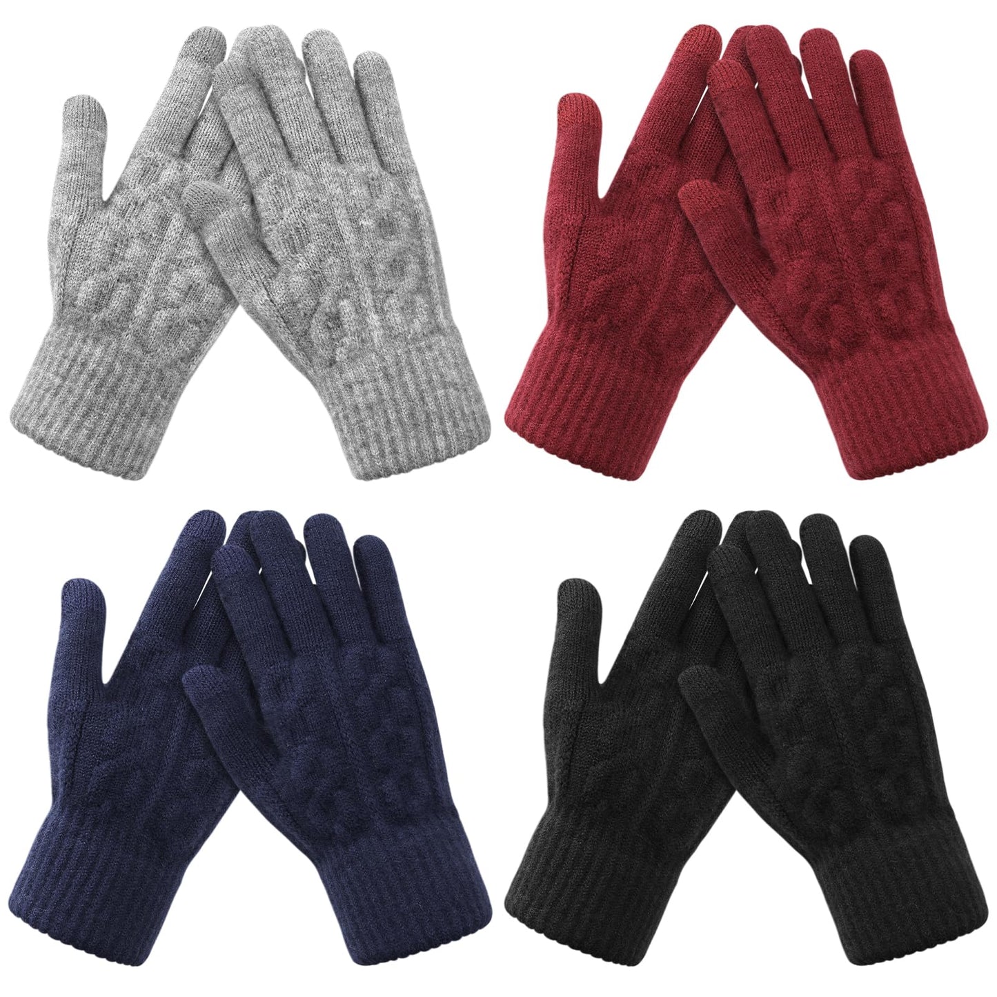 Pleneal 4 Pairs Winter Gloves for Women, Touchscreen Glove Womens Warm Lining Glove, Knitted Gloves for Cold Weather
