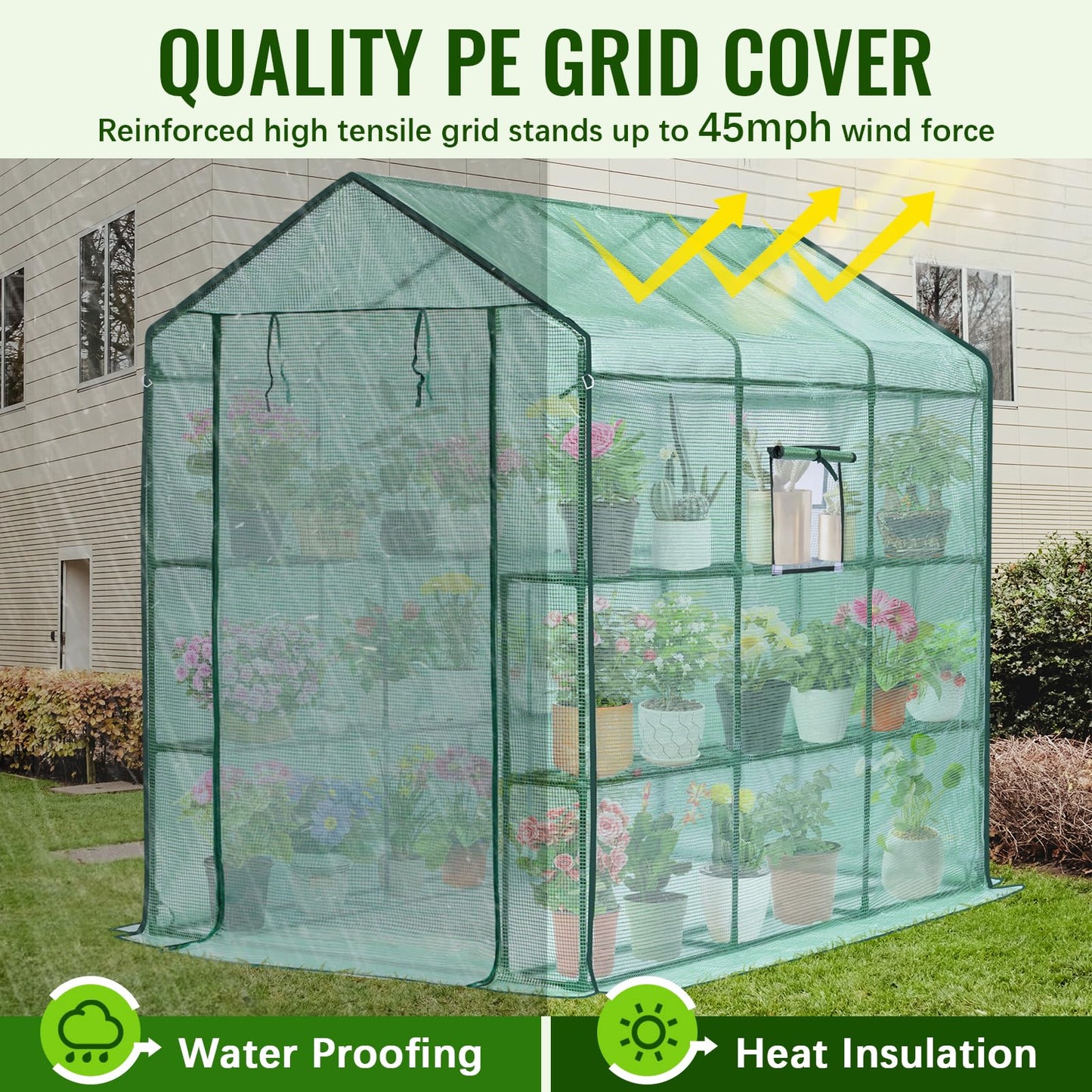 Greengro Greenhouse, 57 x 57 x 76'' Greenhouses for Outdoors, Durable Green House Kit with Window, Thicken PE Cover, 3 Tiers 8 Shelves, Heavy Duty Walk in Green Houses for Indoor Backyard Outside