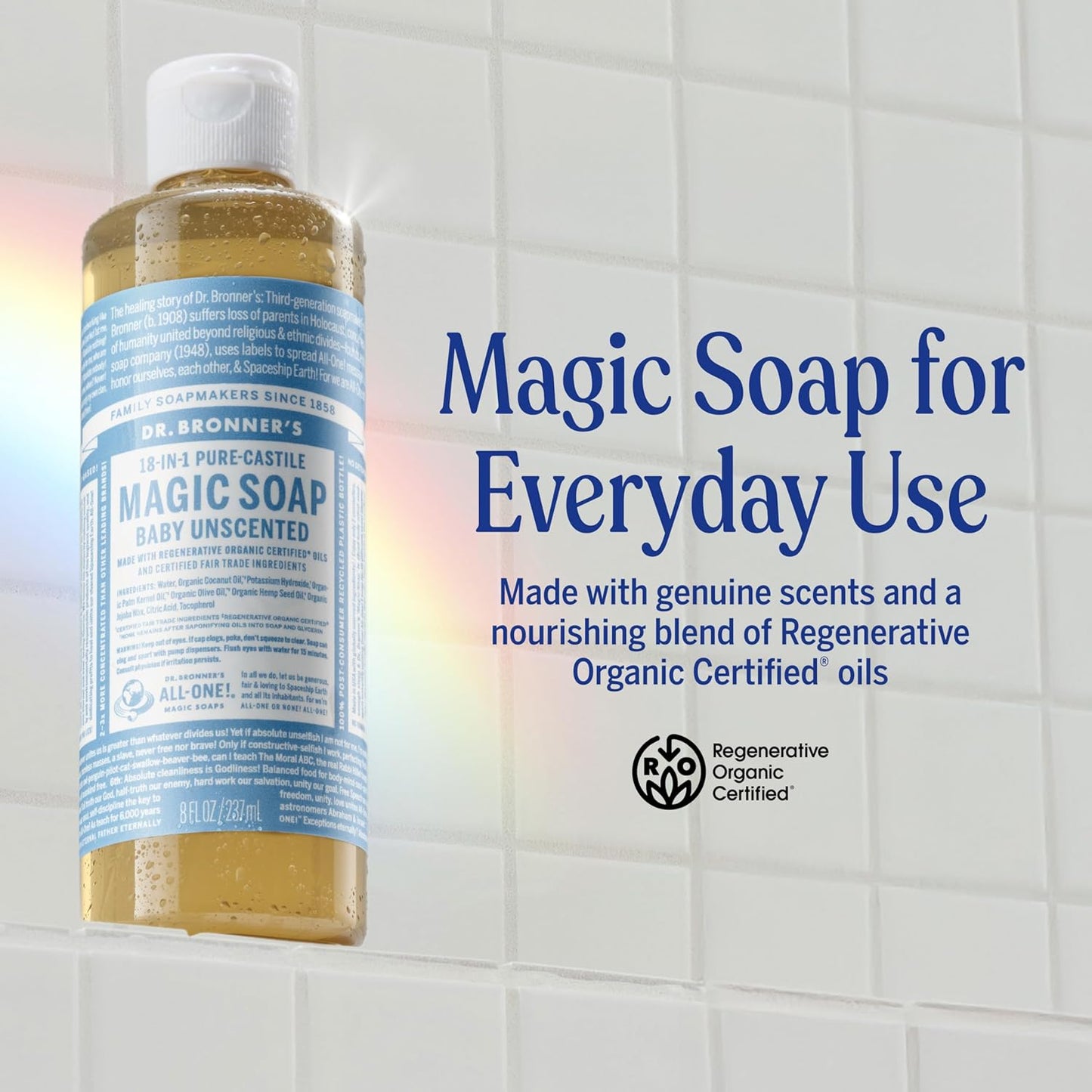Dr. Bronner's Pure-Castile Magic Liquid Soap - Made with Regenerative Organic Certified Oils - 18-in-1 Uses for Face, Body, Hand Gentle on Baby & Sensitive Skin Body Wash Unscented,32oz